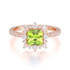 Princess Cut 1.2 Carat Peridot Pave Ring Halo Engagement Ring
