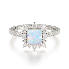 Princess Cut 1.2 Carat Opal Pave Ring Halo Engagement Ring