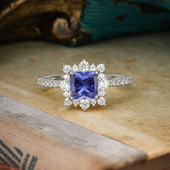 Princess Cut 1.2 Carat Tanzanite Pave Ring Halo Engagement Ring