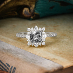Princess Cut 1.2 Carat Black Rutilated Quartz Pave Ring Halo Engagement Ring