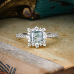 Princess Cut 1.2 Carat Moss Agate Pave Ring Halo Engagement Ring