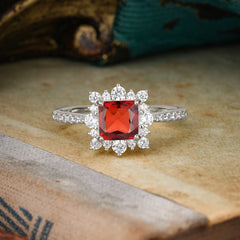 Princess Cut 1.2 Carat Garnet Pave Ring Halo Engagement Ring
