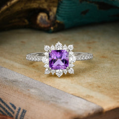 Princess Cut 1.2 Carat Amethyst Pave Ring Halo Engagement Ring