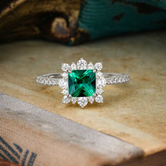 Princess Cut 1.2 Carat Emerald Pave Ring Halo Engagement Ring