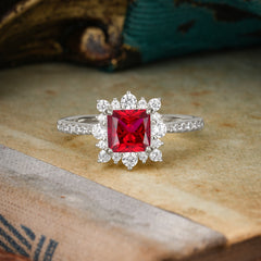 Princess Cut 1.2 Carat Ruby Pave Ring Halo Engagement Ring