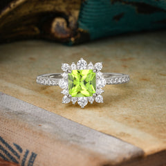 Princess Cut 1.2 Carat Peridot Pave Ring Halo Engagement Ring