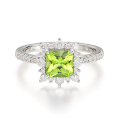 Princess Cut 1.2 Carat Peridot Pave Ring Halo Engagement Ring