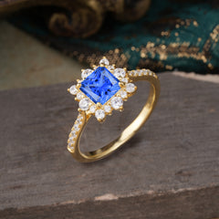 1.2 Carat Princess Cut Sapphire Engagement Ring | 4 Prong Setting | Pave & Halo Design