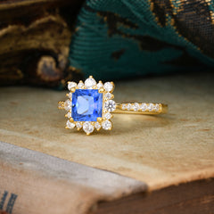 1.2 Carat Princess Cut Sapphire Engagement Ring | 4 Prong Setting | Pave & Halo Design