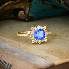 1.2 Carat Princess Cut Sapphire Engagement Ring | 4 Prong Setting | Pave & Halo Design