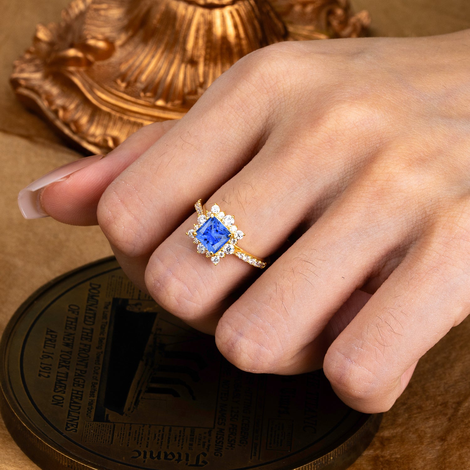 1.2 Carat Princess Cut Sapphire Engagement Ring | 4 Prong Setting | Pave & Halo Design