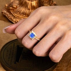 1.2 Carat Princess Cut Sapphire Engagement Ring | 4 Prong Setting | Pave & Halo Design