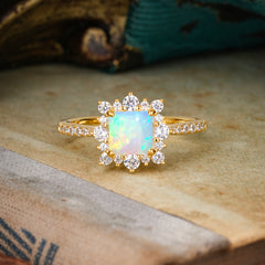 Princess Cut 1.2 Carat Opal Pave Ring Halo Engagement Ring
