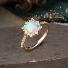 Princess Cut 1.2 Carat Opal Pave Ring Halo Engagement Ring