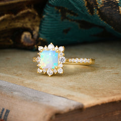 Princess Cut 1.2 Carat Opal Pave Ring Halo Engagement Ring