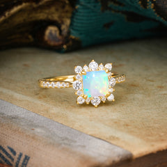 Princess Cut 1.2 Carat Opal Pave Ring Halo Engagement Ring