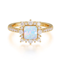 Princess Cut 1.2 Carat Opal Pave Ring Halo Engagement Ring