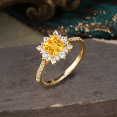 Princess Cut 1.2 Carat Citrine Pave Ring Halo Engagement Ring