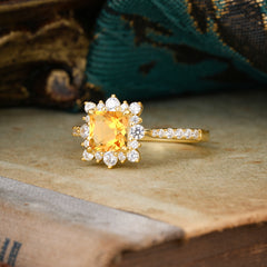 Princess Cut 1.2 Carat Citrine Pave Ring Halo Engagement Ring