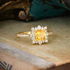Princess Cut 1.2 Carat Citrine Pave Ring Halo Engagement Ring