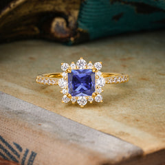 Princess Cut 1.2 Carat Tanzanite Pave Ring Halo Engagement Ring