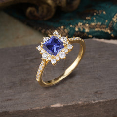 Princess Cut 1.2 Carat Tanzanite Pave Ring Halo Engagement Ring