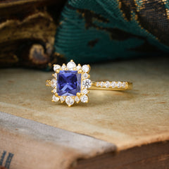 Princess Cut 1.2 Carat Tanzanite Pave Ring Halo Engagement Ring