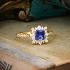 Princess Cut 1.2 Carat Tanzanite Pave Ring Halo Engagement Ring