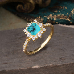Princess Cut 1.2 Carat Turquoise Pave Ring Halo Engagement Ring