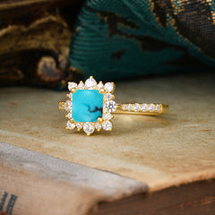 Princess Cut 1.2 Carat Turquoise Pave Ring Halo Engagement Ring