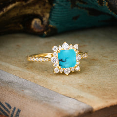 Princess Cut 1.2 Carat Turquoise Pave Ring Halo Engagement Ring