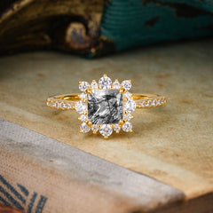 Princess Cut 1.2 Carat Black Rutilated Quartz Pave Ring Halo Engagement Ring
