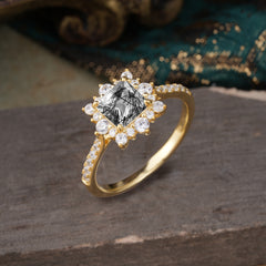 Princess Cut 1.2 Carat Black Rutilated Quartz Pave Ring Halo Engagement Ring