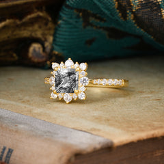 Princess Cut 1.2 Carat Black Rutilated Quartz Pave Ring Halo Engagement Ring