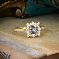 Princess Cut 1.2 Carat Black Rutilated Quartz Pave Ring Halo Engagement Ring