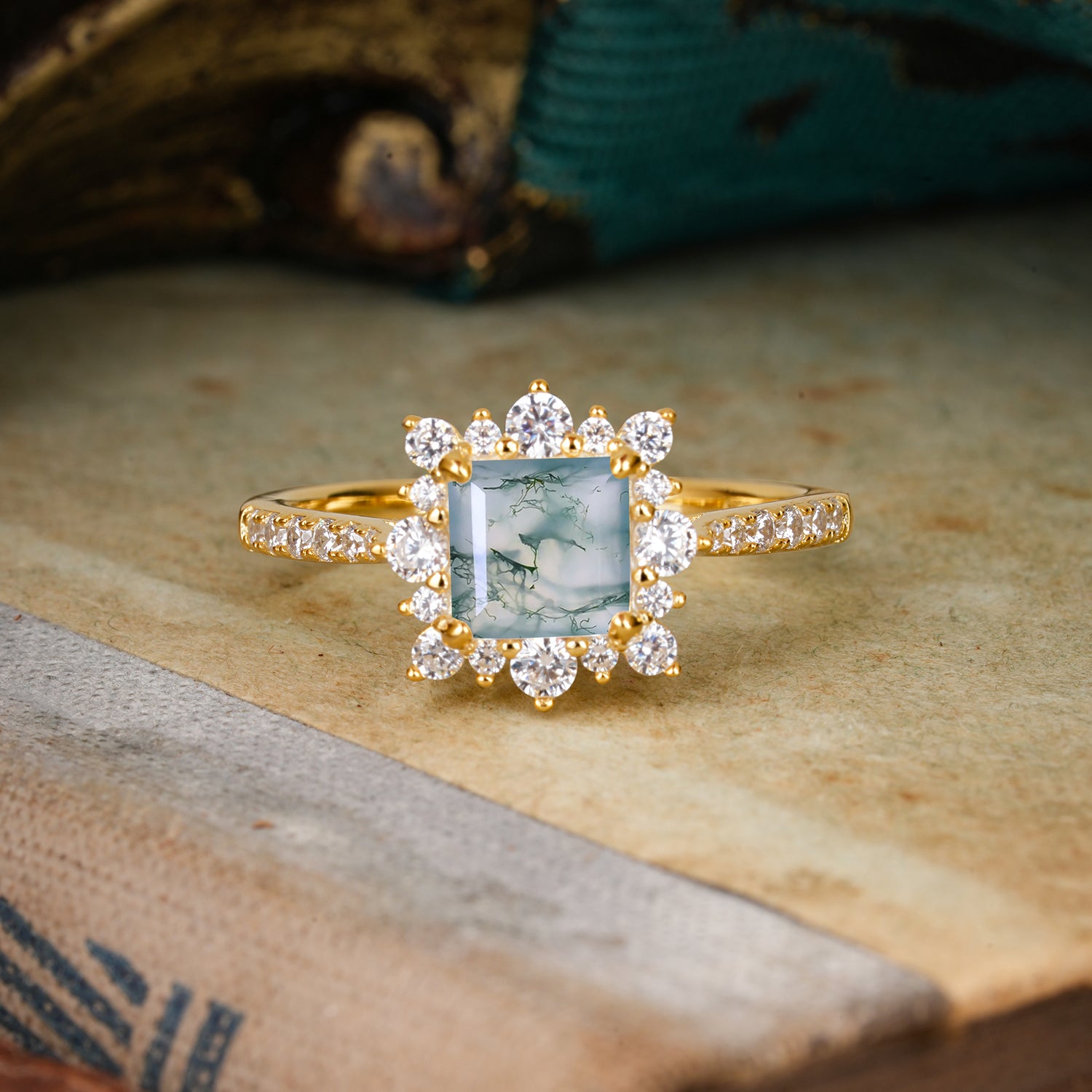 Princess Cut 1.2 Carat Moss Agate Pave Ring Halo Engagement Ring
