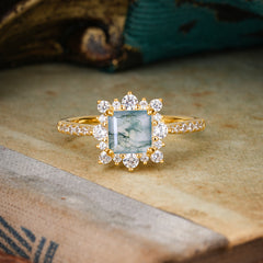 Princess Cut 1.2 Carat Moss Agate Pave Ring Halo Engagement Ring