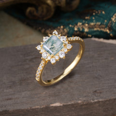 Princess Cut 1.2 Carat Moss Agate Pave Ring Halo Engagement Ring