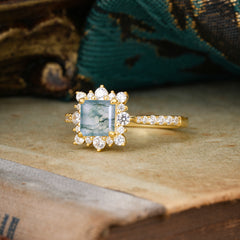 Princess Cut 1.2 Carat Moss Agate Pave Ring Halo Engagement Ring