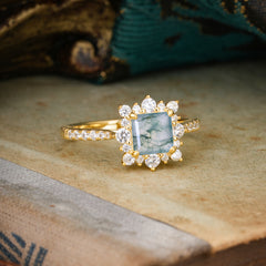 Princess Cut 1.2 Carat Moss Agate Pave Ring Halo Engagement Ring