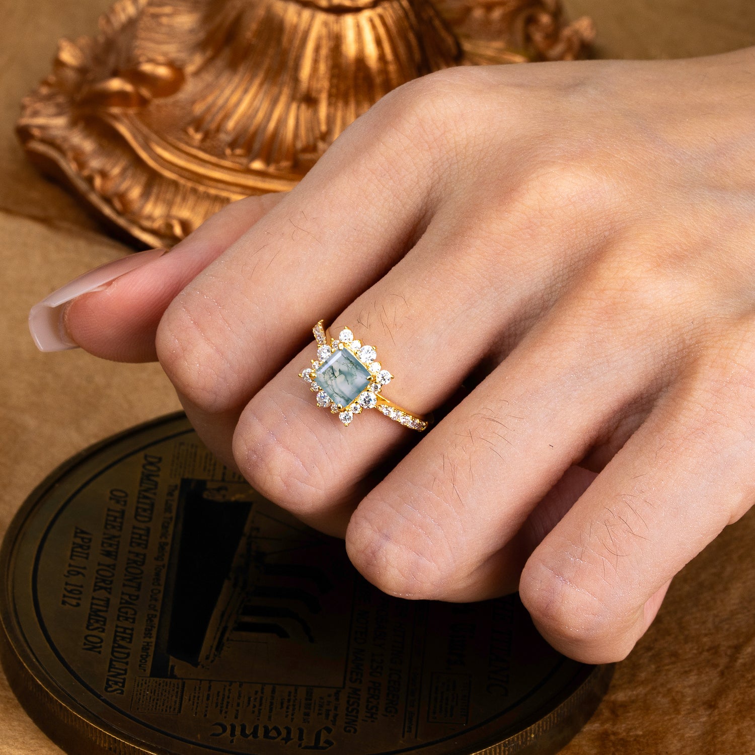 Princess Cut 1.2 Carat Moss Agate Pave Ring Halo Engagement Ring