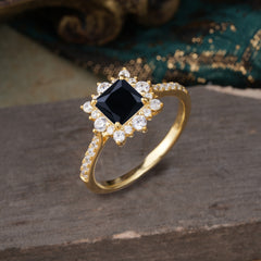 Princess Cut 1.2 Carat Black Onyx Pave Ring Halo Engagement Ring