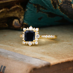 Princess Cut 1.2 Carat Black Onyx Pave Ring Halo Engagement Ring