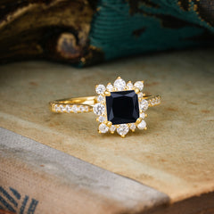 Princess Cut 1.2 Carat Black Onyx Pave Ring Halo Engagement Ring