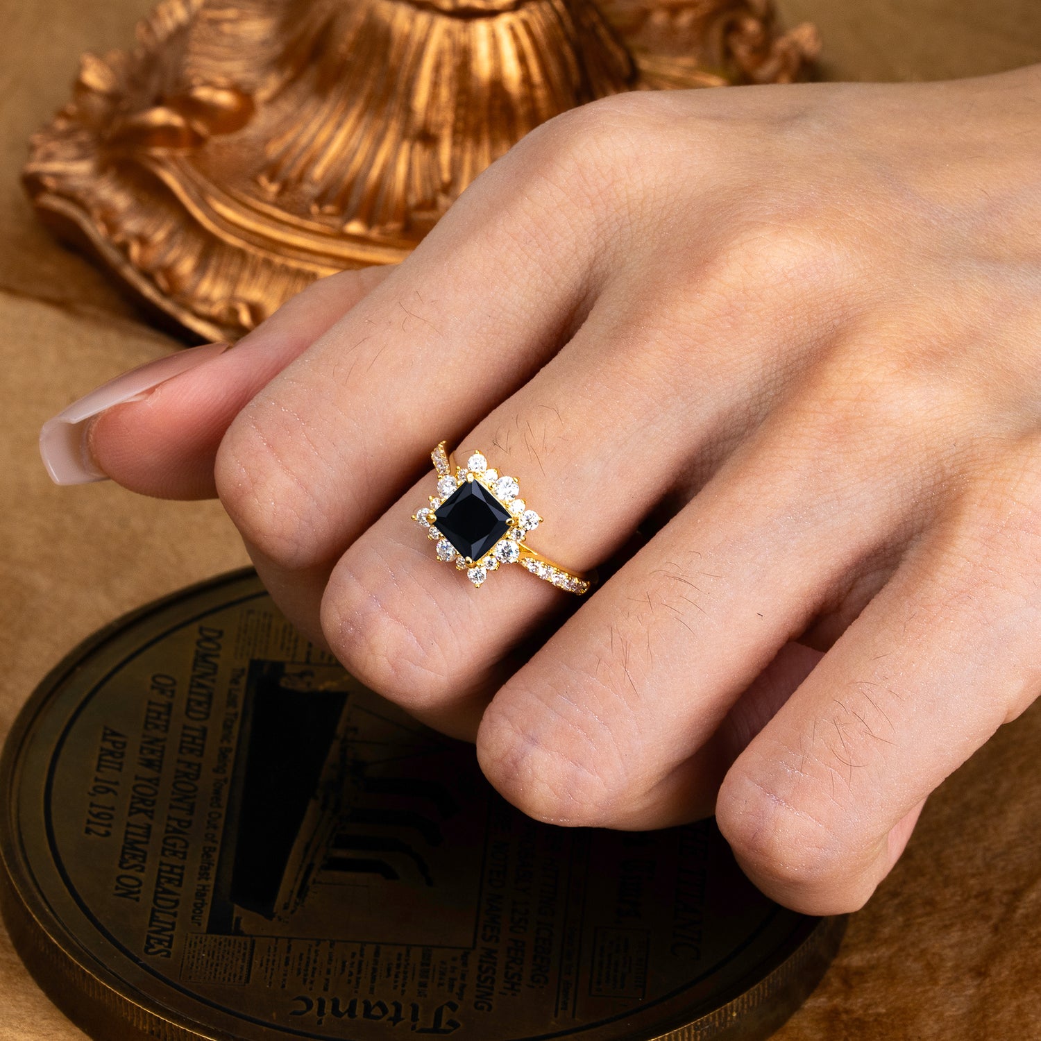 Princess Cut 1.2 Carat Black Onyx Pave Ring Halo Engagement Ring