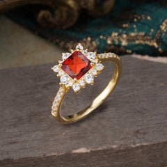 Princess Cut 1.2 Carat Garnet Pave Ring Halo Engagement Ring