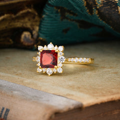 Princess Cut 1.2 Carat Garnet Pave Ring Halo Engagement Ring
