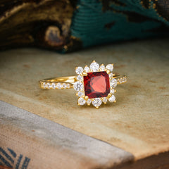 Princess Cut 1.2 Carat Garnet Pave Ring Halo Engagement Ring