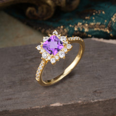 Princess Cut 1.2 Carat Amethyst Pave Ring Halo Engagement Ring