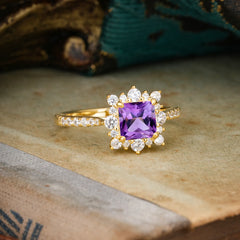 Princess Cut 1.2 Carat Amethyst Pave Ring Halo Engagement Ring